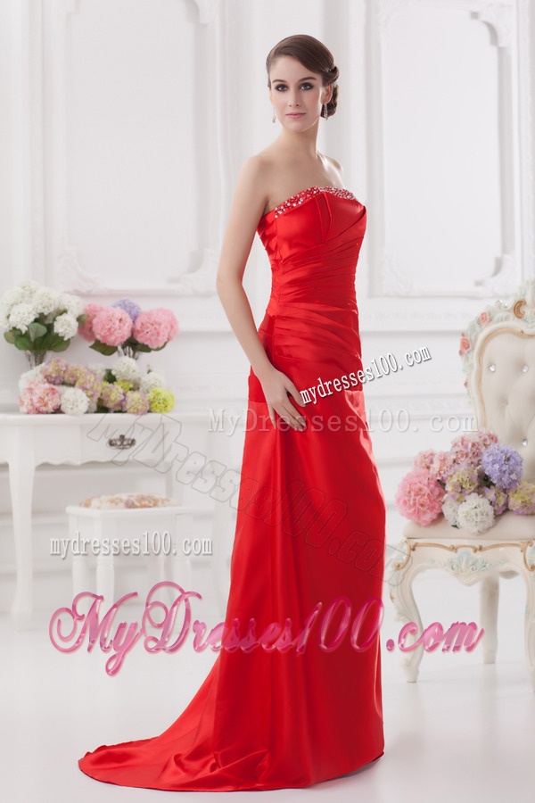 Red Column Strapless Evening Dress with Ruching and Beading