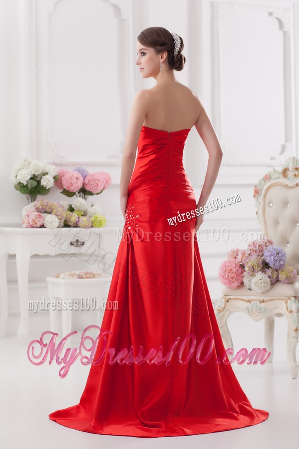 Red Column Strapless Evening Dress with Ruching and Beading