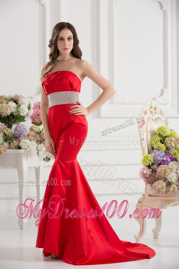 Red Mermaid Strapless Court Train Belt and Ruching Evening Dress