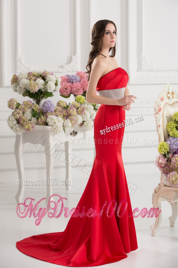 Red Mermaid Strapless Court Train Belt and Ruching Evening Dress