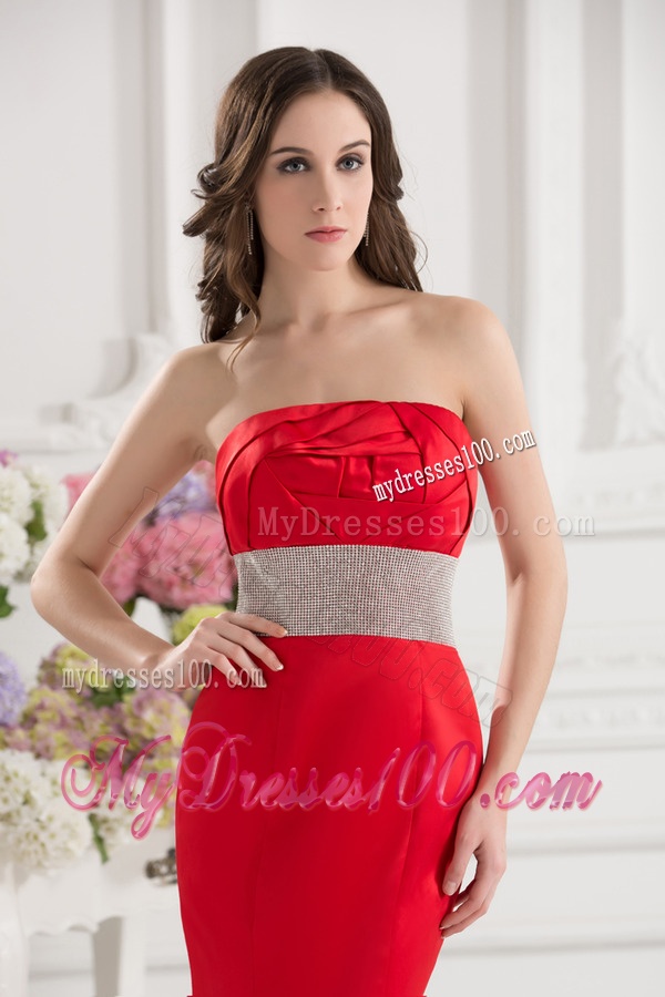 Red Mermaid Strapless Court Train Belt and Ruching Evening Dress