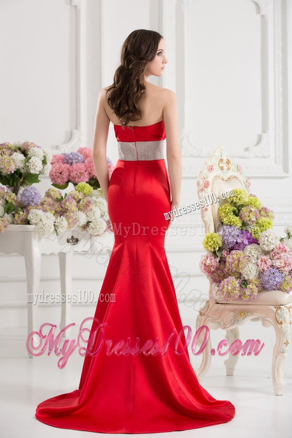 Red Mermaid Strapless Court Train Belt and Ruching Evening Dress