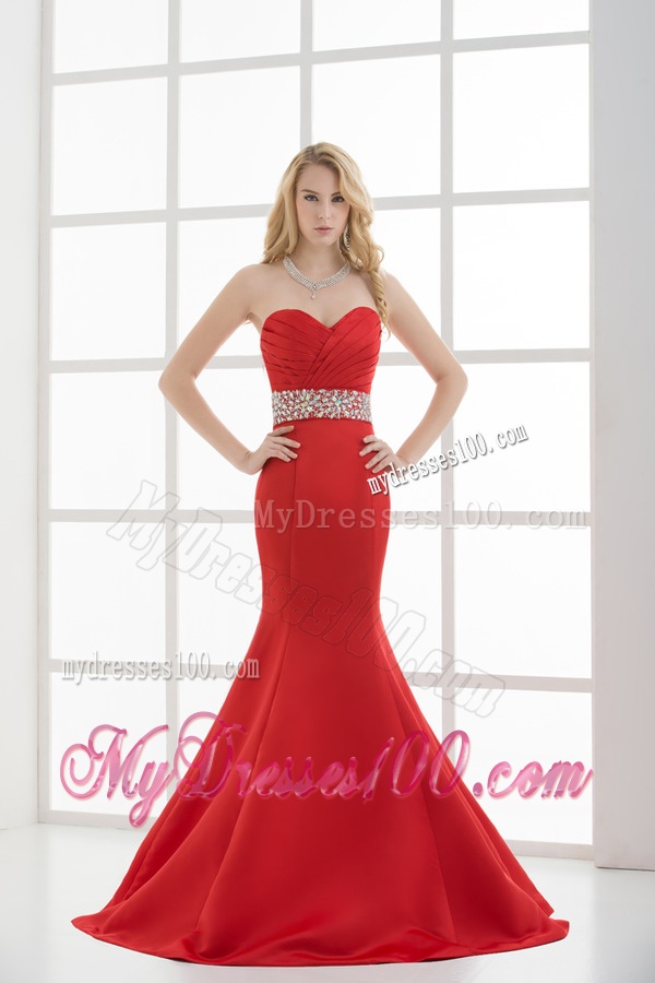 Red Mermaid Sweetheart Sleeveless Beading and Ruching Evening Dress