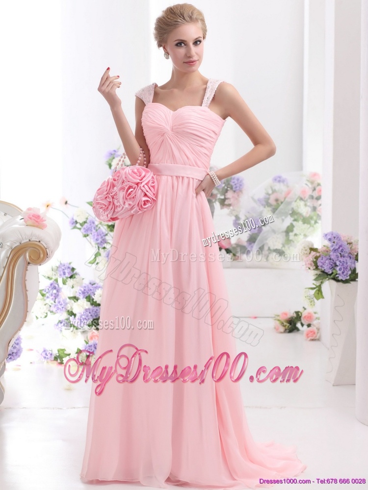 Remarkable 2016 Ruched Baby Pink Evening Dress with Brush Train