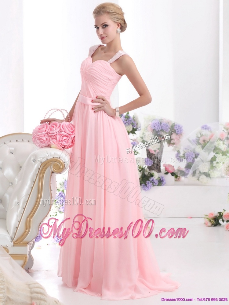 Remarkable 2016 Ruched Baby Pink Evening Dress with Brush Train