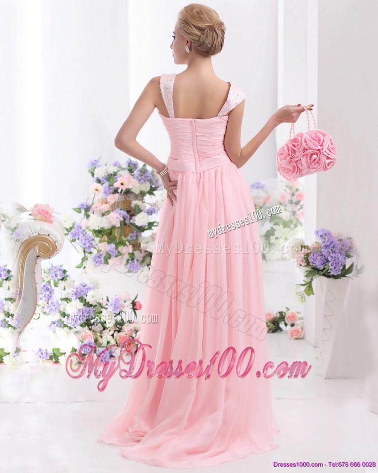 Remarkable 2016 Ruched Baby Pink Evening Dress with Brush Train