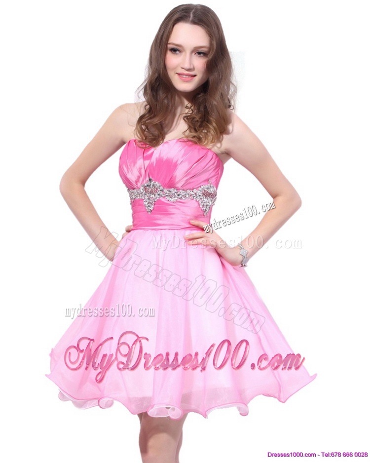 Rose Pink 2016 Mini Length Evening Dresses with Beading and Ruching