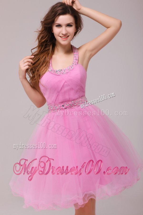 Rose Pink Halter Top Beading and Ruching Evening Dress
