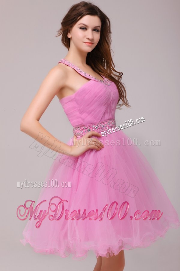 Rose Pink Halter Top Beading and Ruching Evening Dress