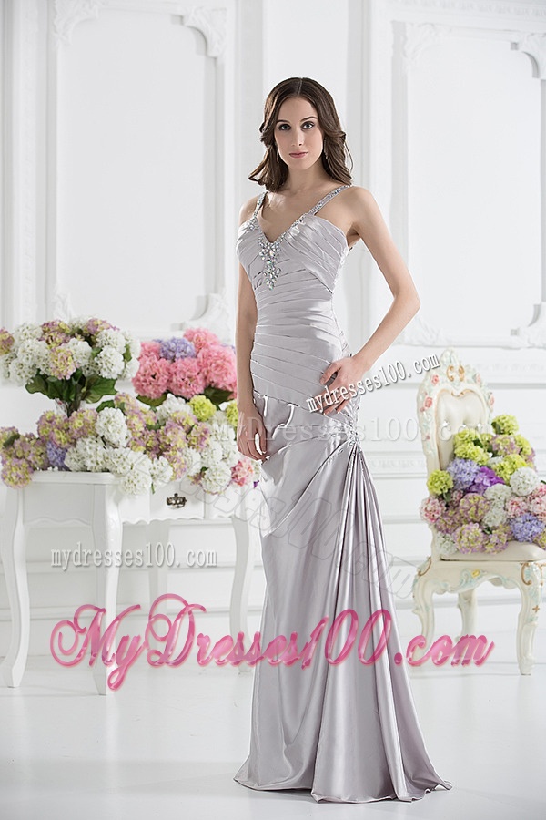 Silver Column V-neck Satin Evening Dress with Ruching and Beading