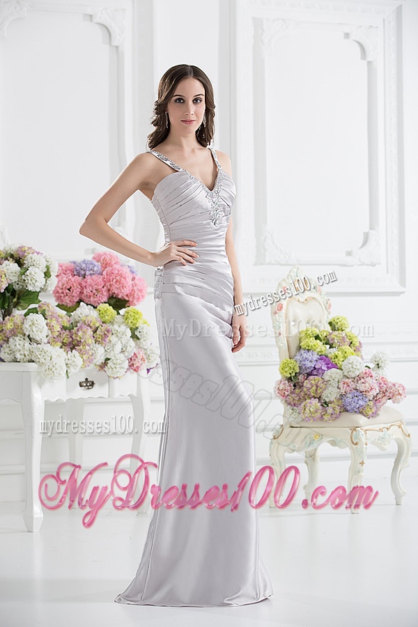 Silver Column V-neck Satin Evening Dress with Ruching and Beading