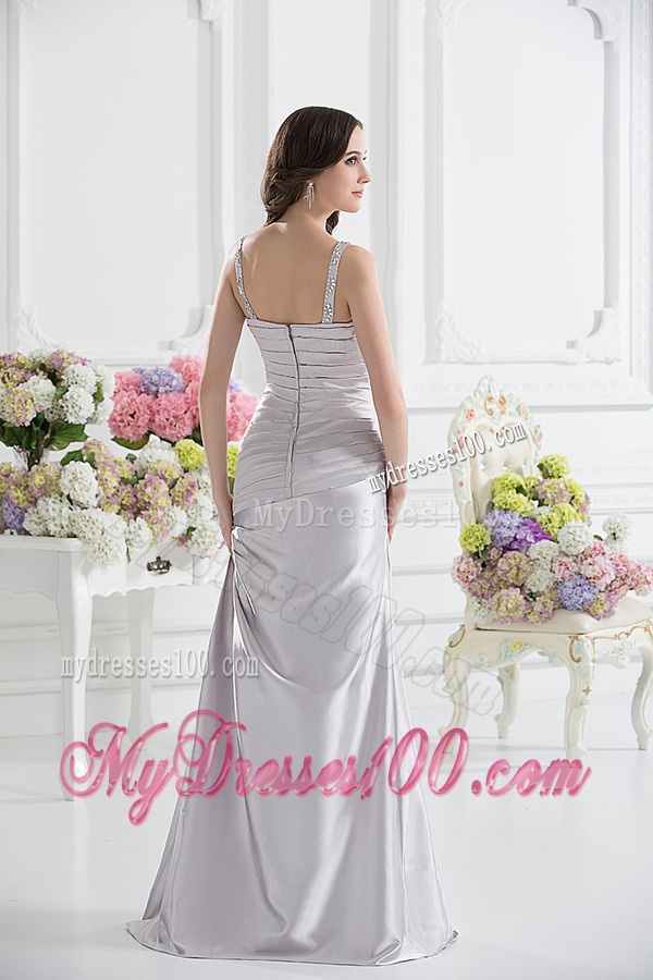 Silver Column V-neck Satin Evening Dress with Ruching and Beading