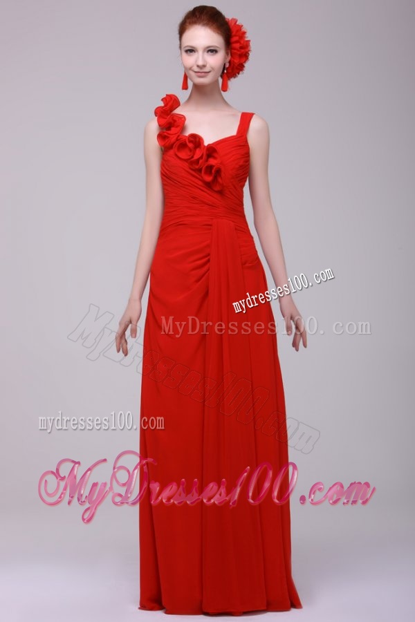 Simple Red Straps Chiffon Empire Evening Dress with Flowers