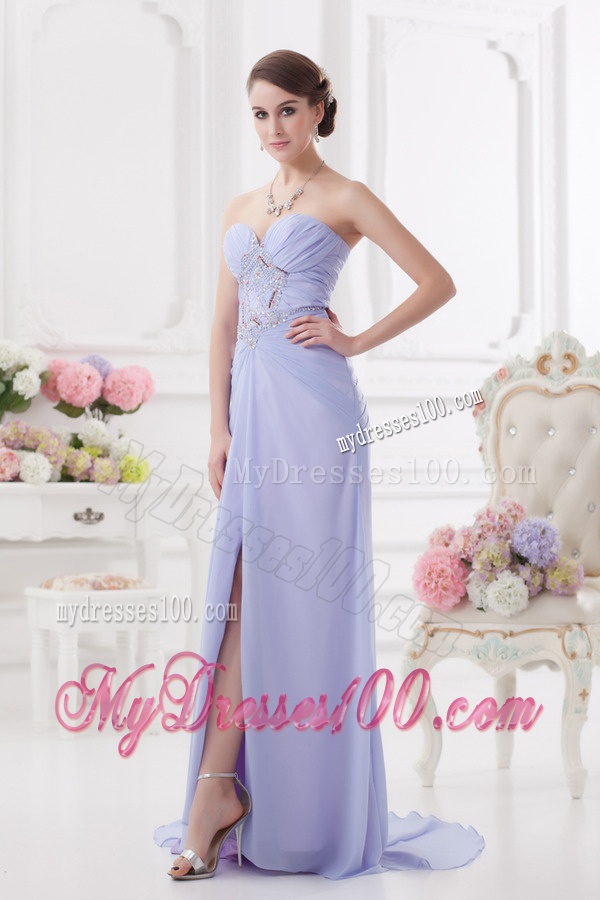 Sweetheart Brush Train Lavender Evening Dress with Ruching and Beading