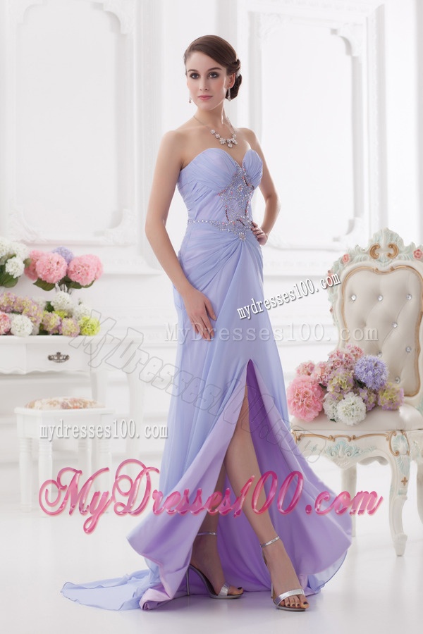 Sweetheart Brush Train Lavender Evening Dress with Ruching and Beading