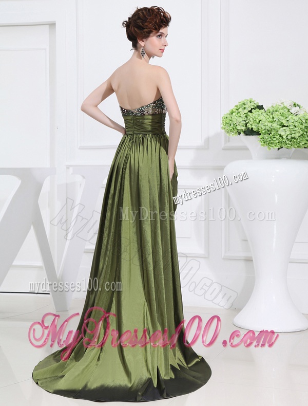 Sweetheart High-low Beading Ruching Taffeta Olive Green Evening Dress