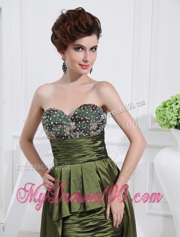 Sweetheart High-low Beading Ruching Taffeta Olive Green Evening Dress