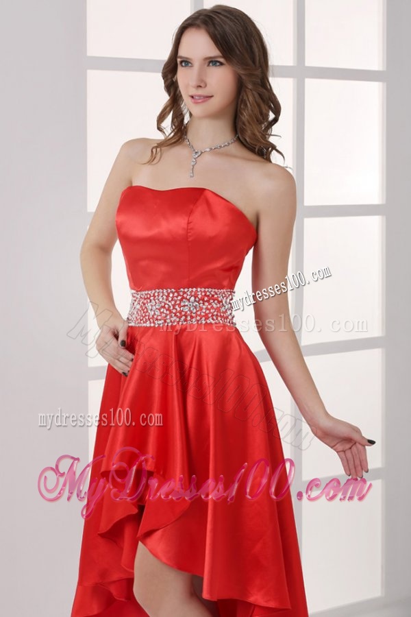 Sweetheart High-low Red Empire Beaded Decorate Waist Evening Dress