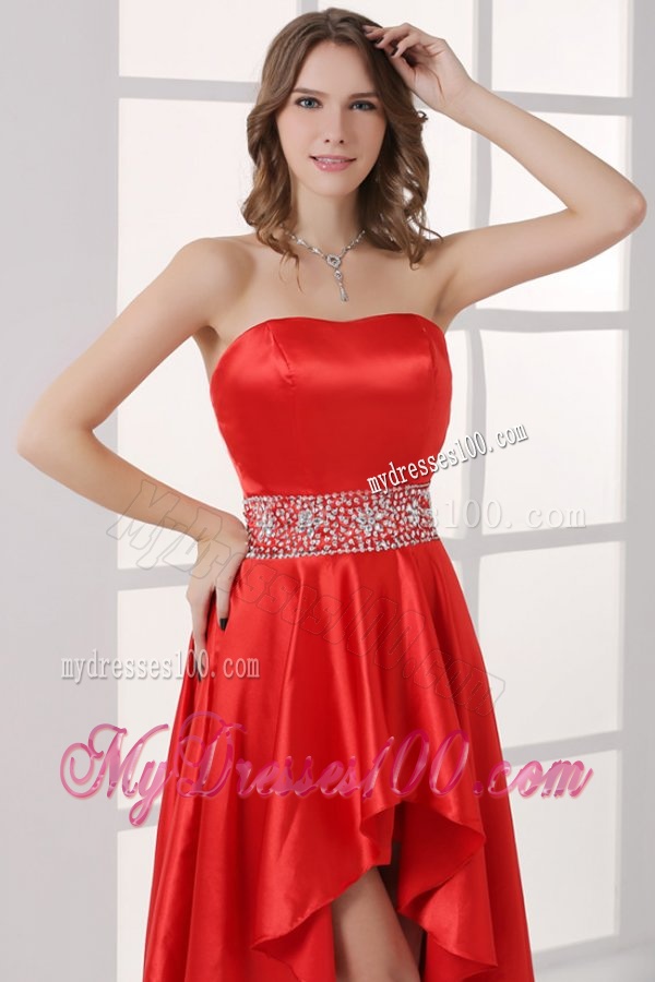 Sweetheart High-low Red Empire Beaded Decorate Waist Evening Dress