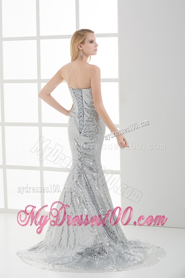 Sweetheart Sleeveless Silver Mermaid Brush Train Evening Dress with Sequins