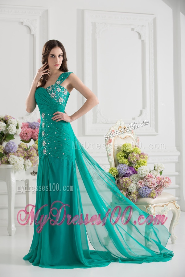 Turquoise One Shoulder Beading and Ruching Evening Dress with Brush Train