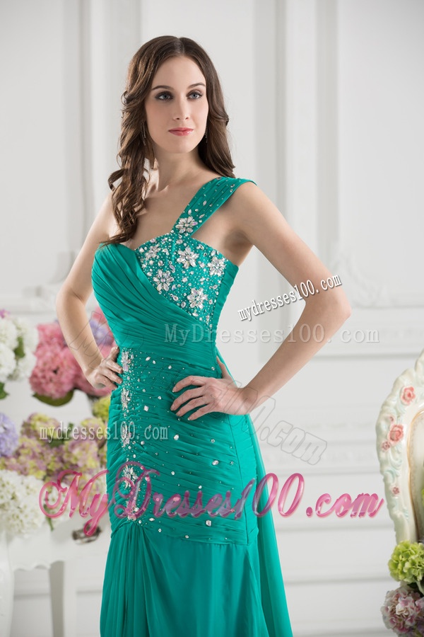 Turquoise One Shoulder Beading and Ruching Evening Dress with Brush Train