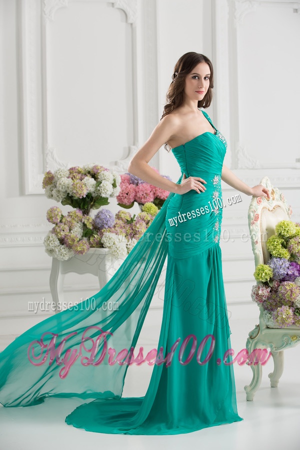 Turquoise One Shoulder Beading and Ruching Evening Dress with Brush Train