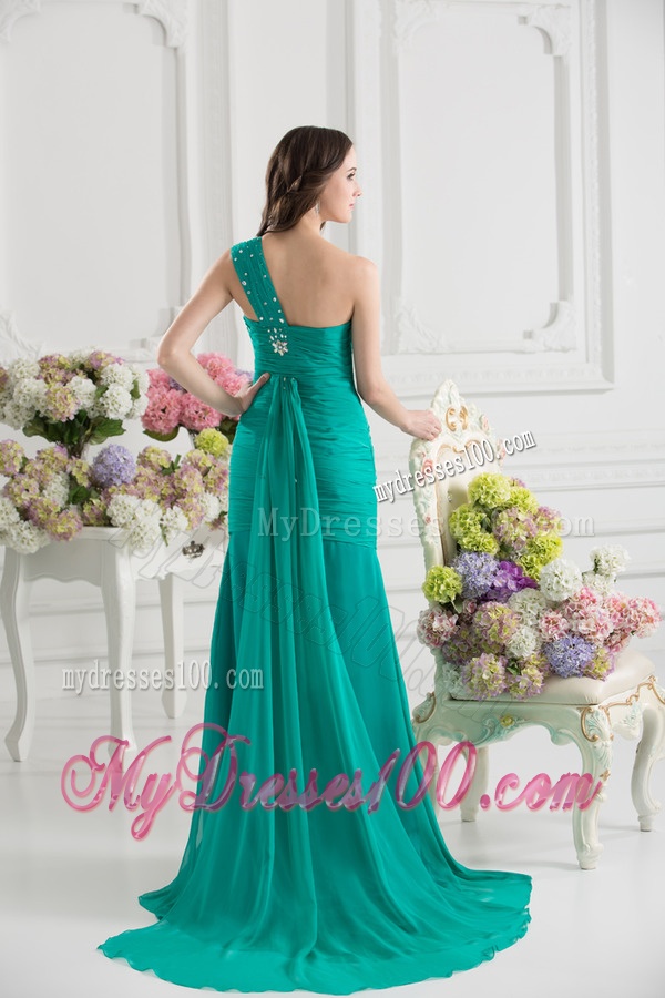 Turquoise One Shoulder Beading and Ruching Evening Dress with Brush Train