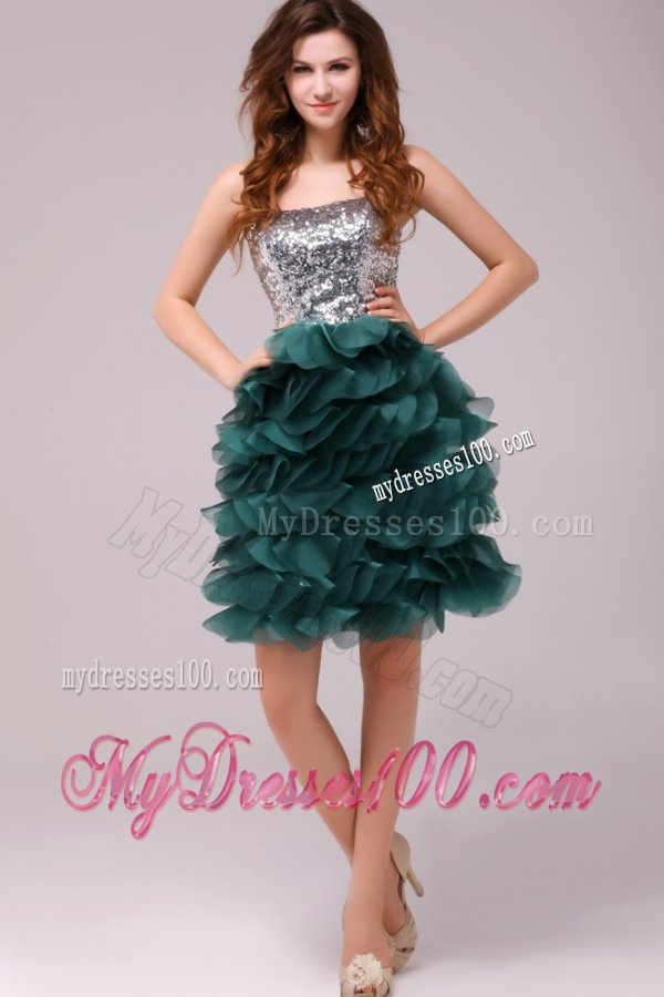 Turquoise Sequins and Ruffles A-line Tulle Evening Dress