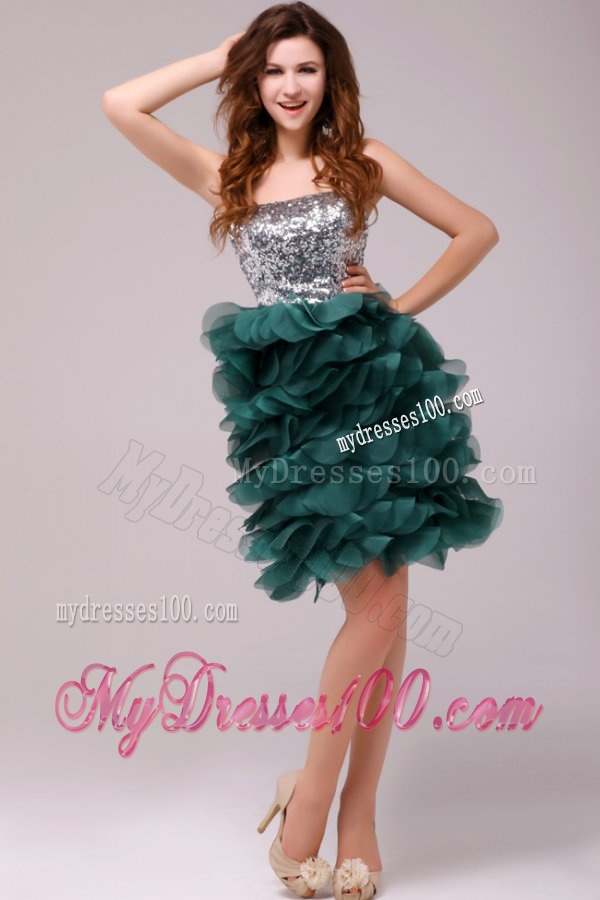 Turquoise Sequins and Ruffles A-line Tulle Evening Dress