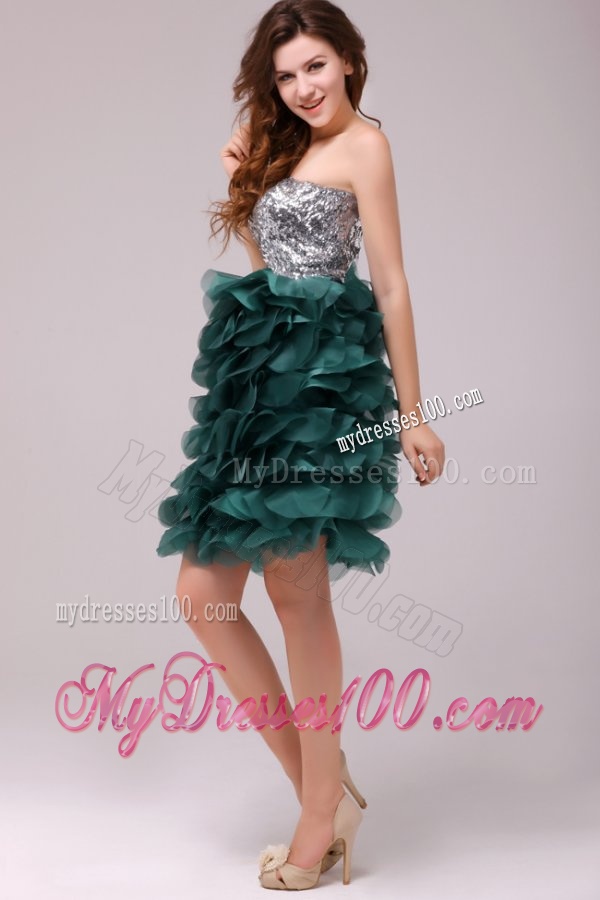 Turquoise Sequins and Ruffles A-line Tulle Evening Dress