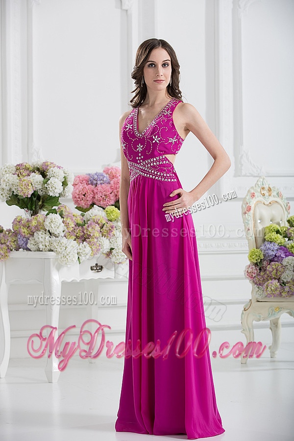 V-neck Empire Floor-length Fuchsia Evening Dress with Appliques
