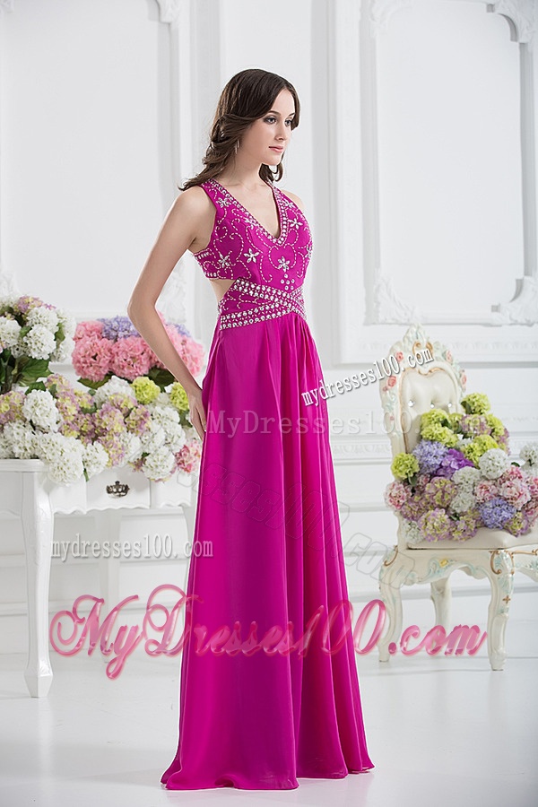 V-neck Empire Floor-length Fuchsia Evening Dress with Appliques