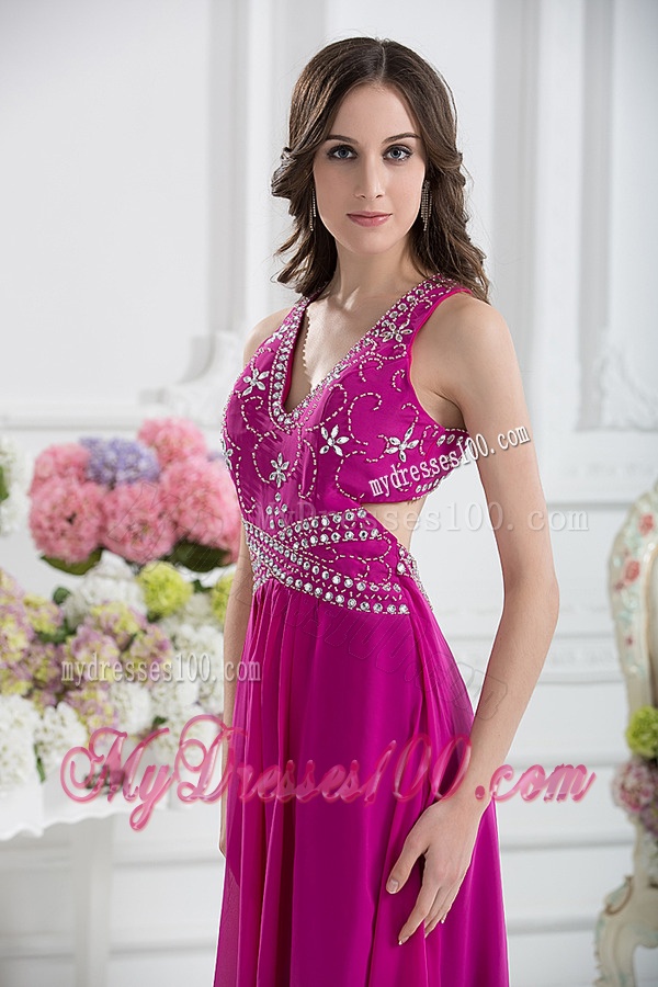 V-neck Empire Floor-length Fuchsia Evening Dress with Appliques