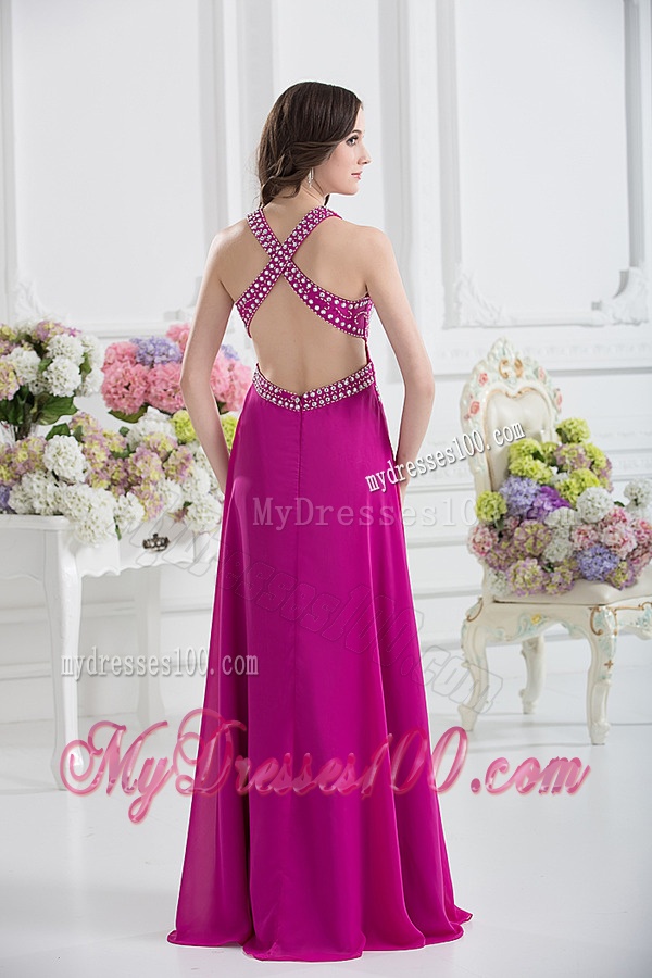 V-neck Empire Floor-length Fuchsia Evening Dress with Appliques