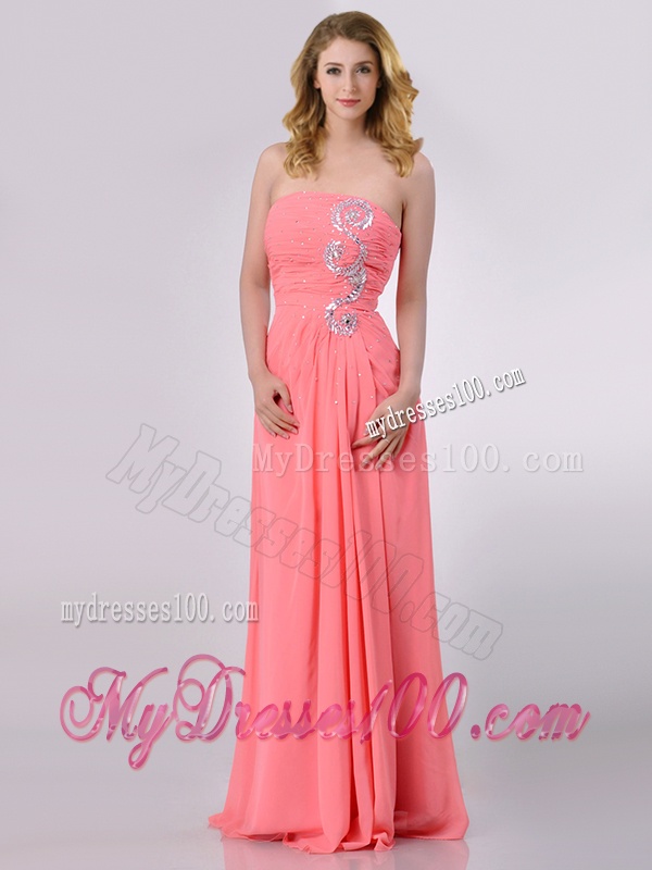 Watermelon Empire Strapless Chiffon Beading Long Evening Dress for Graduation