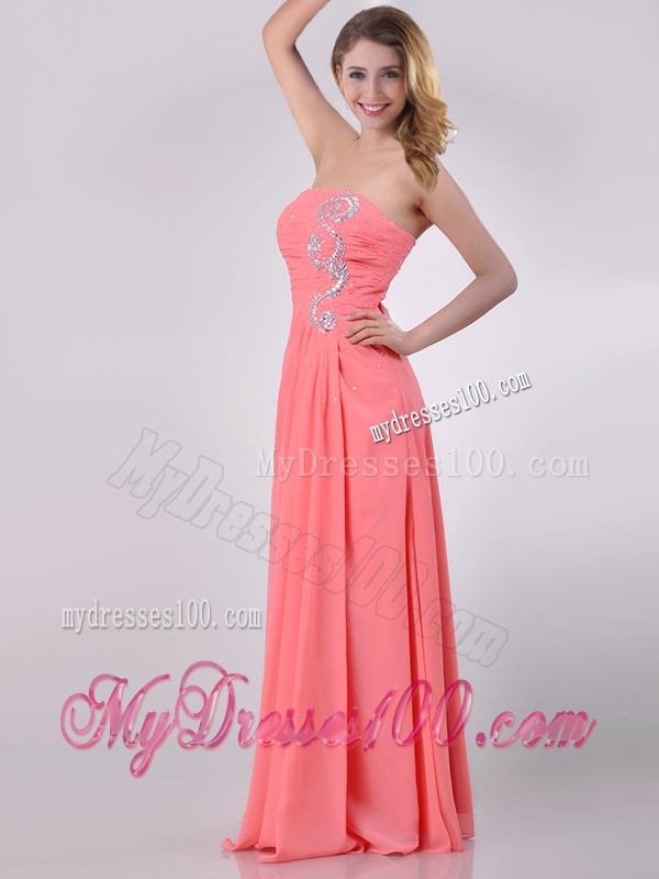 Watermelon Empire Strapless Chiffon Beading Long Evening Dress for Graduation