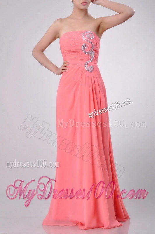 Watermelon Empire Strapless Chiffon Beading Long Evening Dress for Graduation