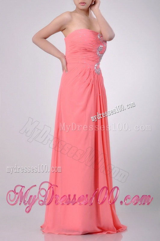 Watermelon Empire Strapless Chiffon Beading Long Evening Dress for Graduation