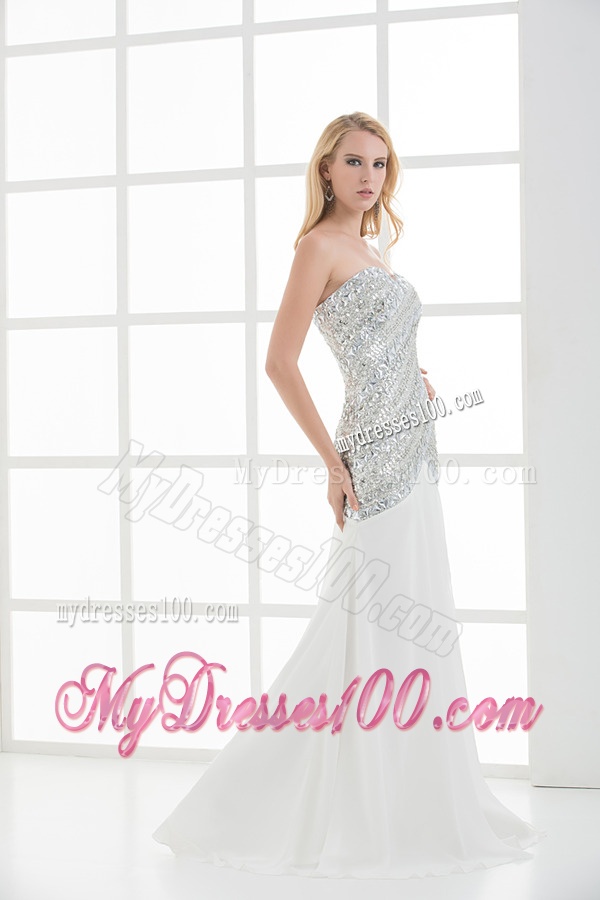 White Sweetheart Empire Beading and Ruching Sleeveless Evening Dress