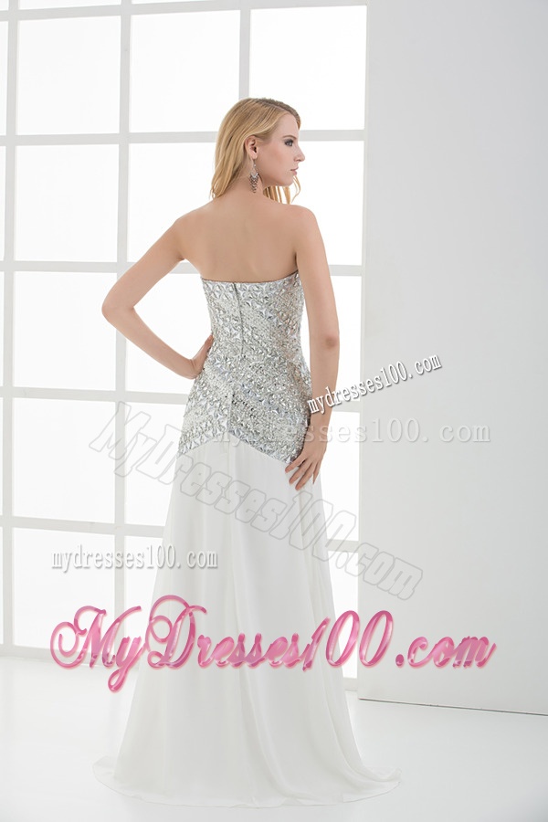 White Sweetheart Empire Beading and Ruching Sleeveless Evening Dress