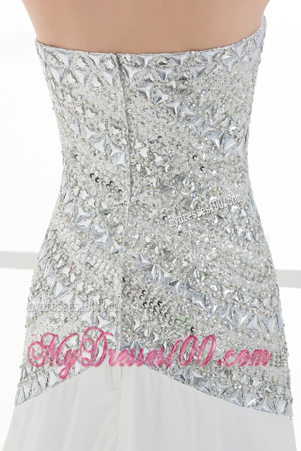 White Sweetheart Empire Beading and Ruching Sleeveless Evening Dress
