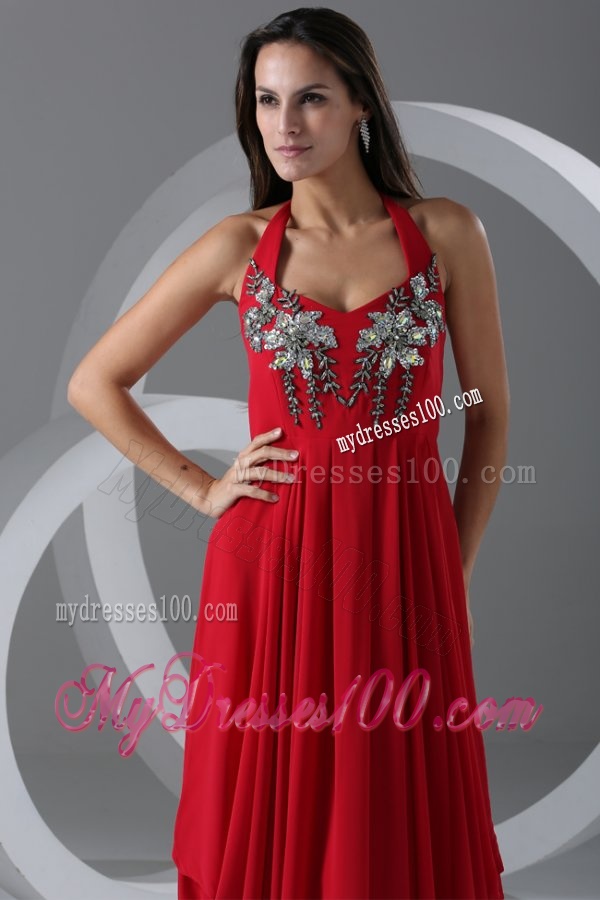 Wine Red Empire Halter Top Evening Dress with Beading