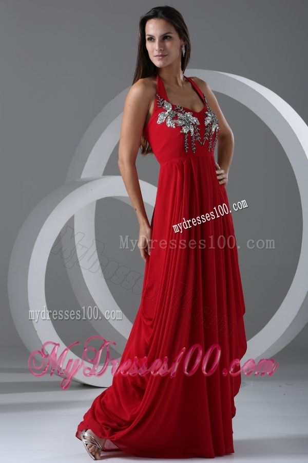 Wine Red Empire Halter Top Evening Dress with Beading