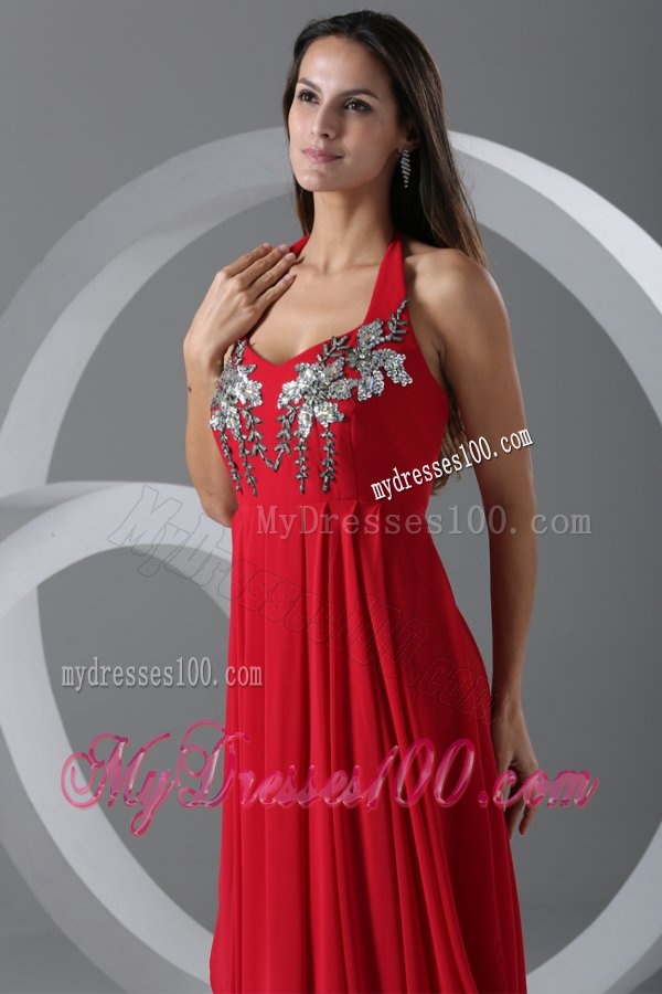 Wine Red Empire Halter Top Evening Dress with Beading