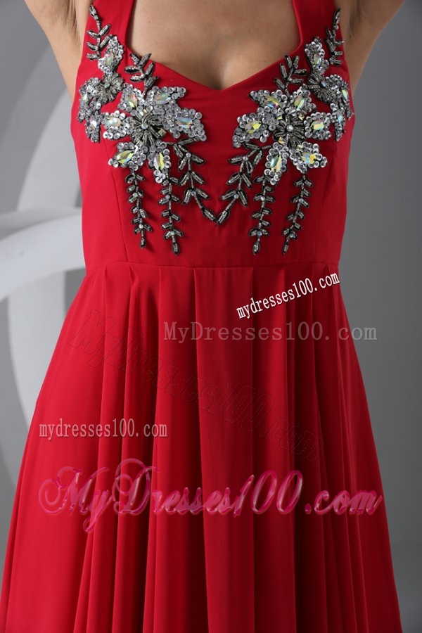 Wine Red Empire Halter Top Evening Dress with Beading