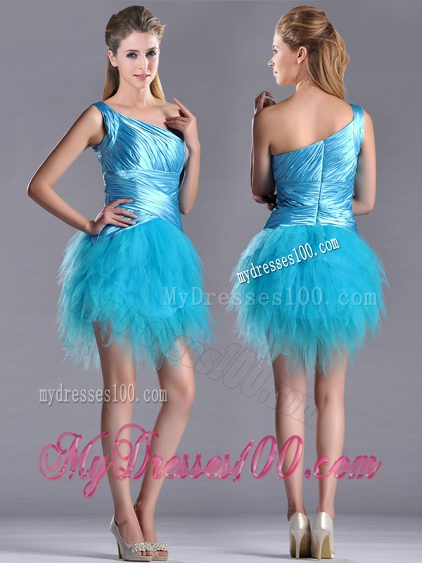 Wonderful One Shoulder Ruched and Ruffled Aqua Blue Evening Dress in Tulle