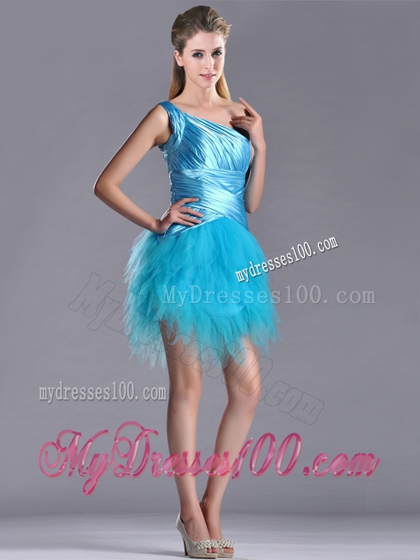Wonderful One Shoulder Ruched and Ruffled Aqua Blue Evening Dress in Tulle