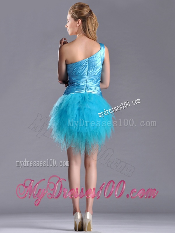 Wonderful One Shoulder Ruched and Ruffled Aqua Blue Evening Dress in Tulle