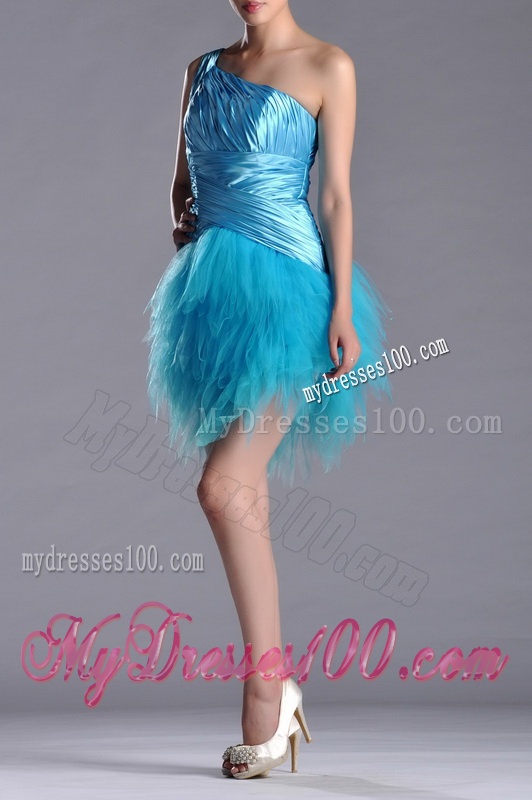 Wonderful One Shoulder Ruched and Ruffled Aqua Blue Evening Dress in Tulle